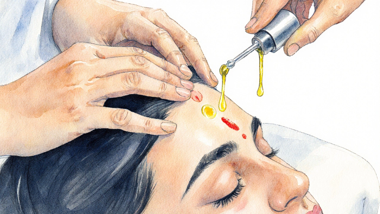 Blízký záběr rukou masírujících hlavu, ukazující marma body a tekoucí olej Shirodhara.