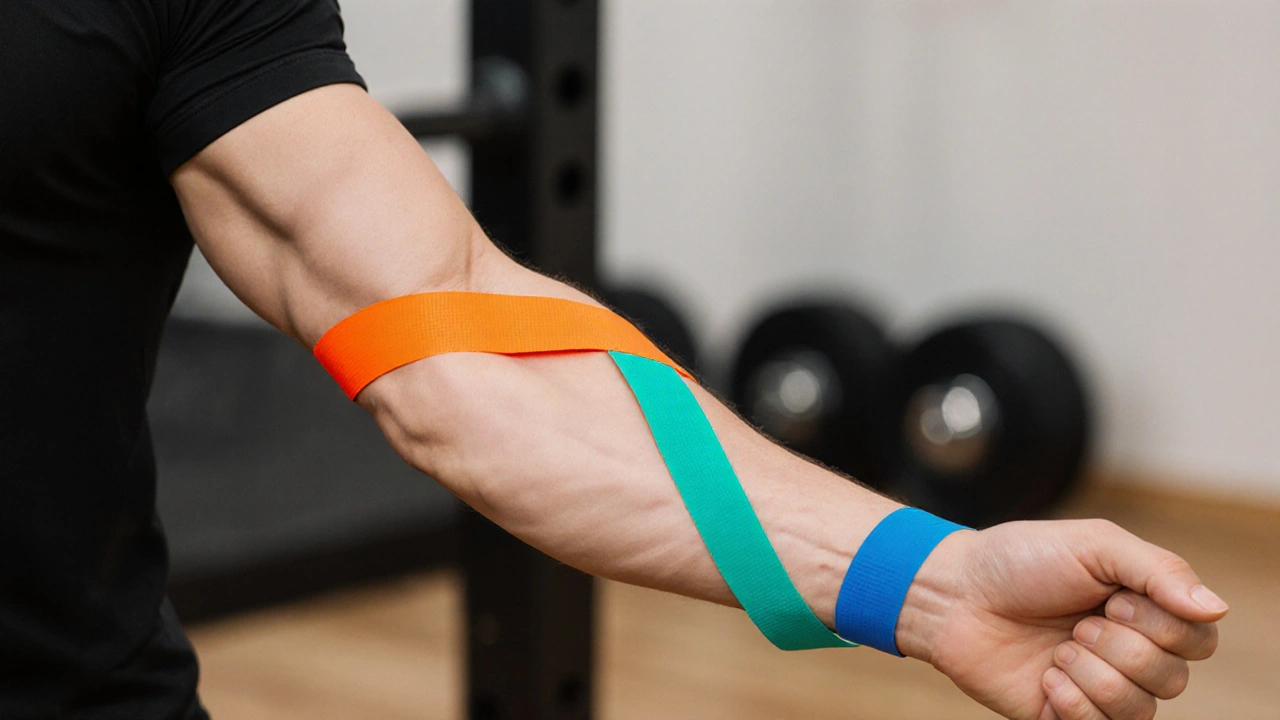 Detailní záběr na biceps, triceps a předloktí s různobarevnou kinezio páskou.