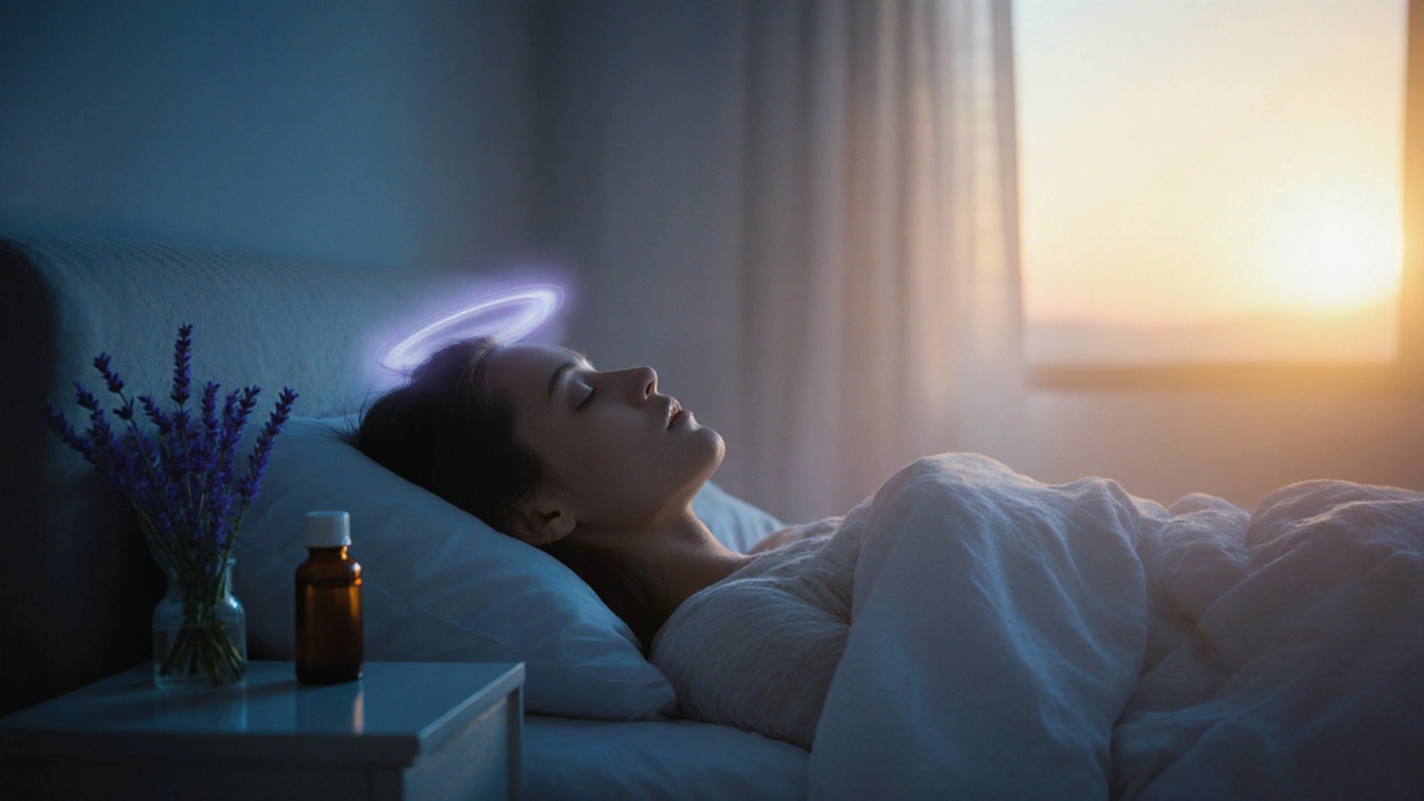 Osoba spí v ranním světle, kolem hlavy září aura a levandulové oleje.