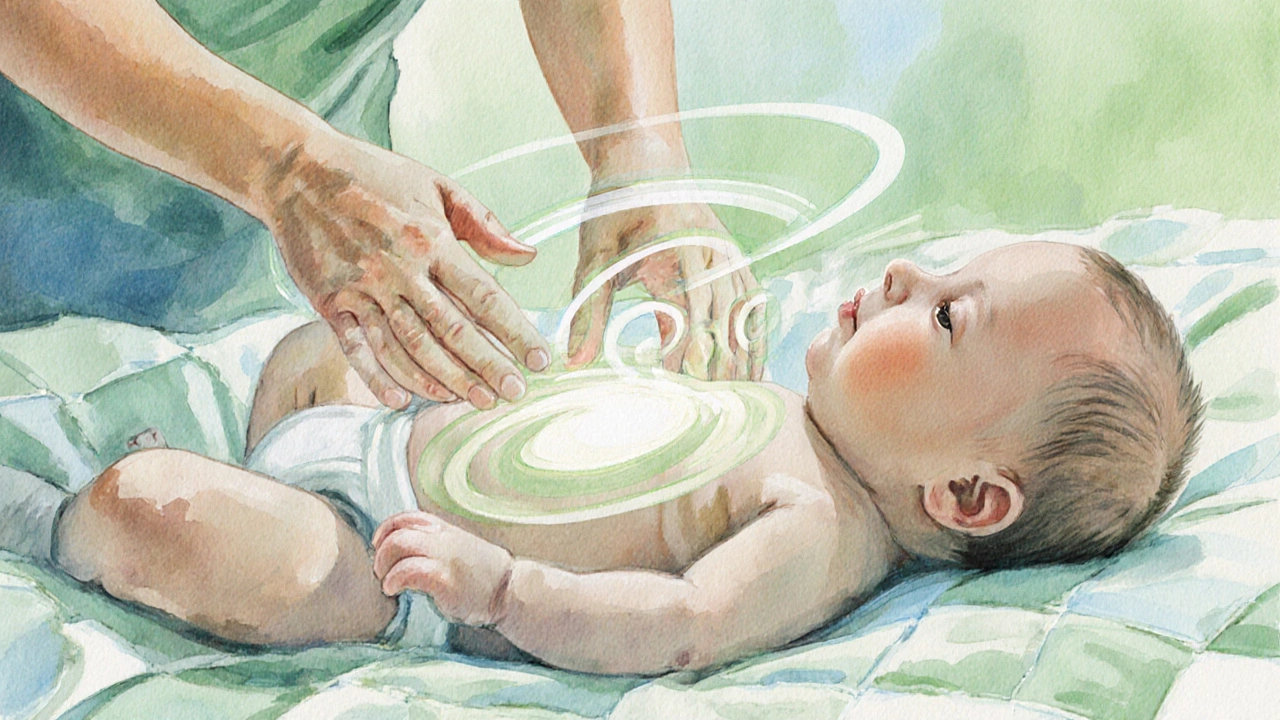 Ruce nad bříškem dítěte s kruhovými světelnými šmouhami, naznačující masáž.