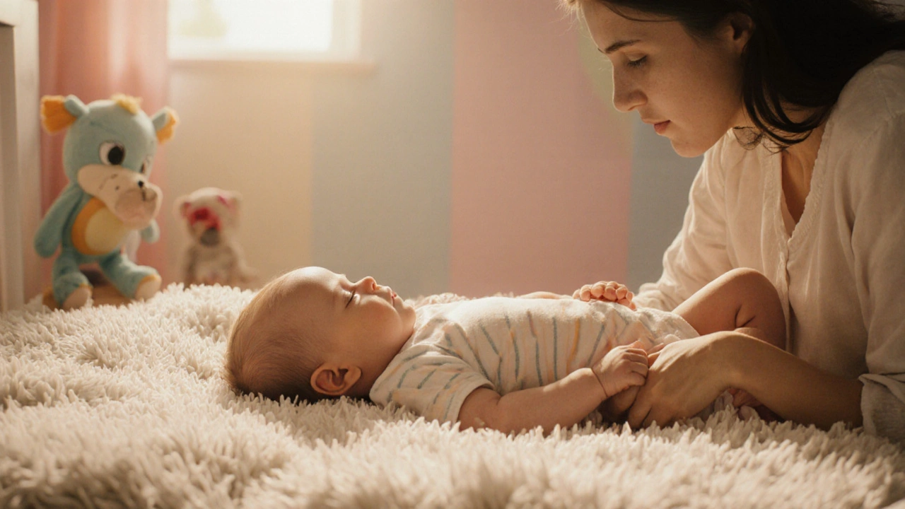 Spokojené dítě spí, břicho uvolněné, matka ho něžně drží.