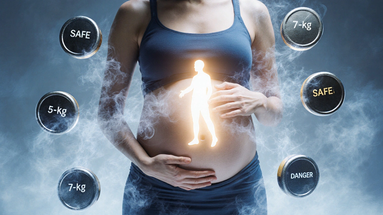 Těhotná žena odmítá těžké zátěže, zatímco plod je chráněn světlem.