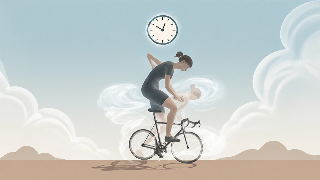 Tři průhledné siluety cyklistky znázorňují předzávodní, po‑tréninkovou a regenerační masáž.