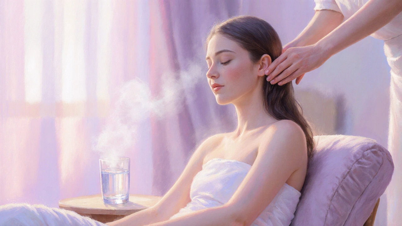 Uvolněná osoba po masáži, se zavřenýma očima, sklenicí vody a jemným světlem.