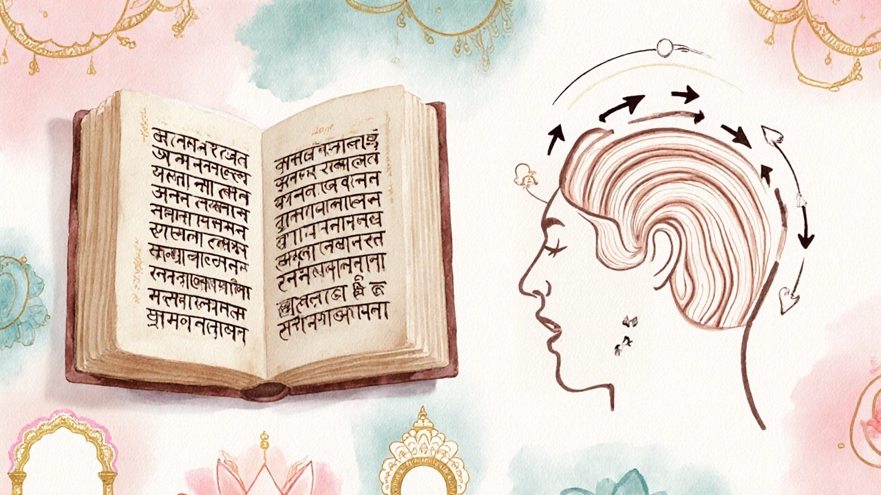 Vodová kalkulace historické Ayurvedy a skici skalpu s pohyby rukou.