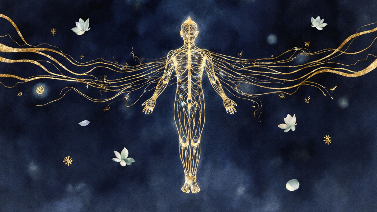 Abstraktní znázornění energetických linek těla jako zlatých toků spojujících nohy s hlavou.