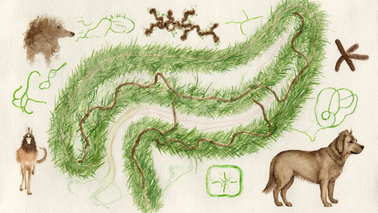 Abstraktní znázornění trávy v zažívacím traktu psa.