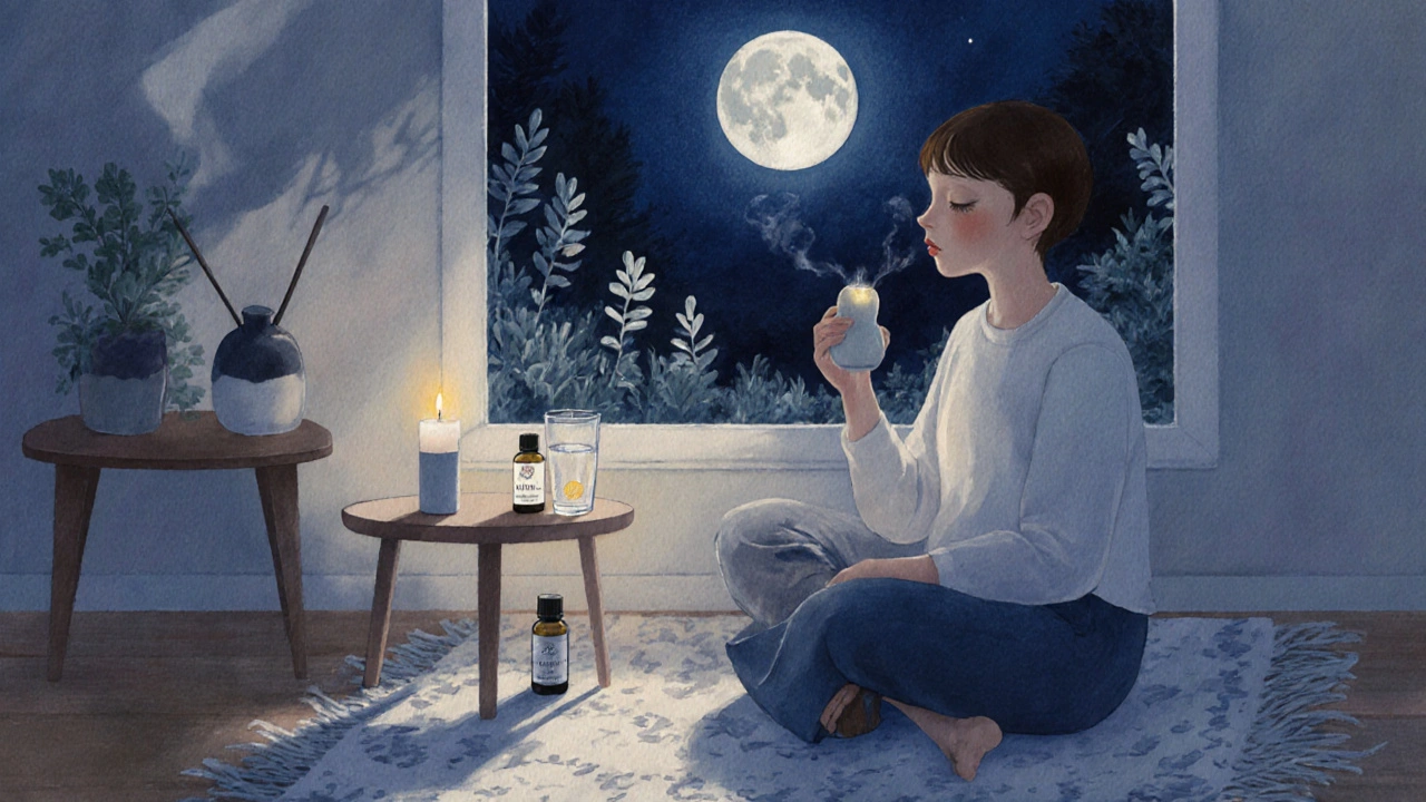 Osoba medituje v noci při světle svíčky a vůni z difúzoru, ve vzdálenosti zahrada.
