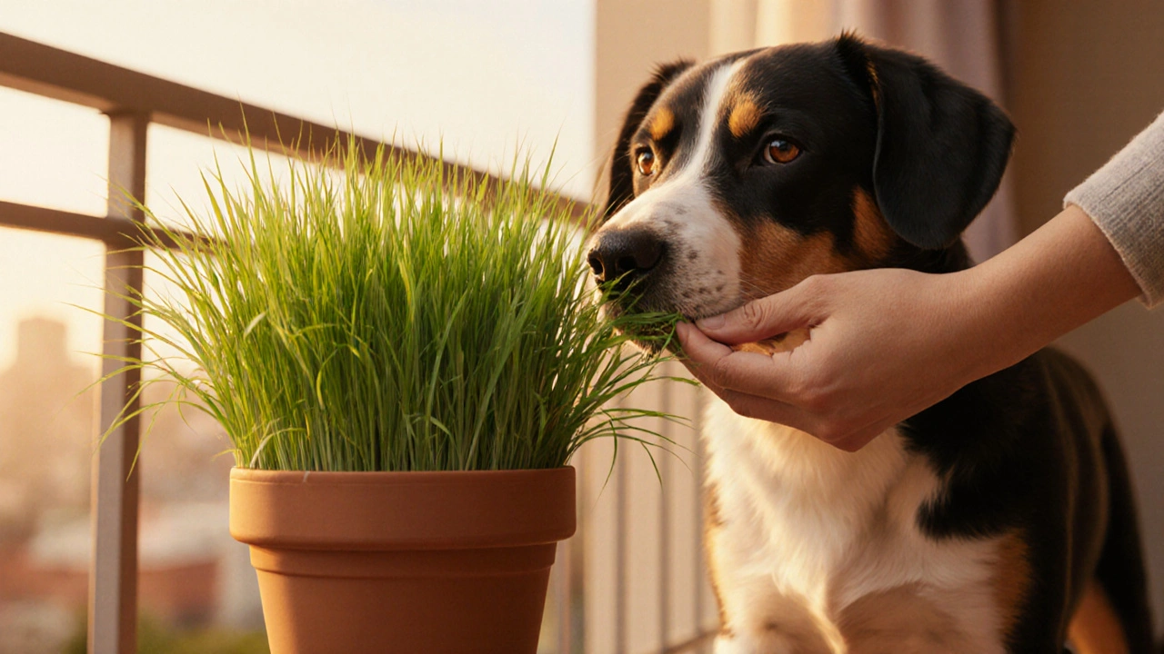 Pes si přižírá čerstvou pšenici z květináče na balkoně.