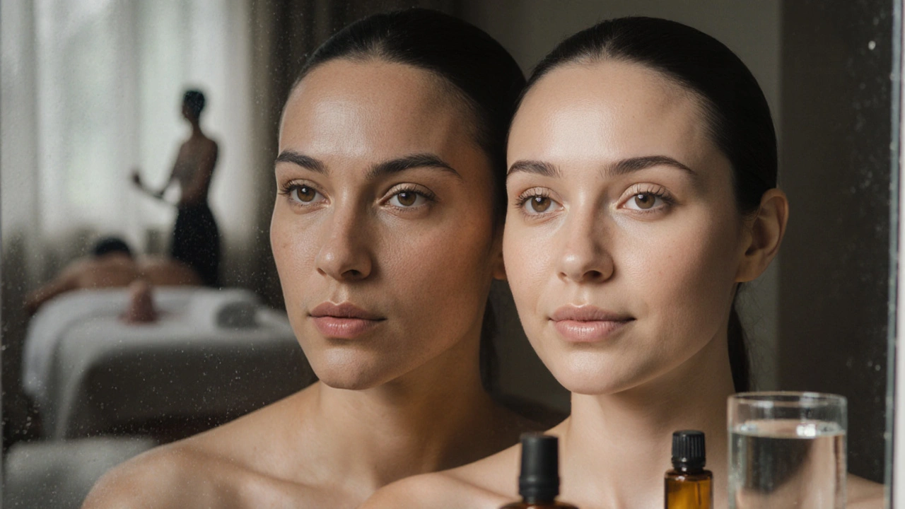 Porovnání před a po holistické masáži: tlumená pokožka vs. zářivá, zdravá kůže v zrcadle.