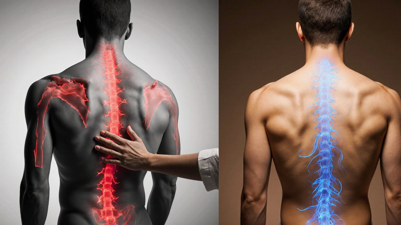 Před a po: tělo s blokovanou energií vlevo a uvolněnou vpravo, spojené rukou terapeuta.