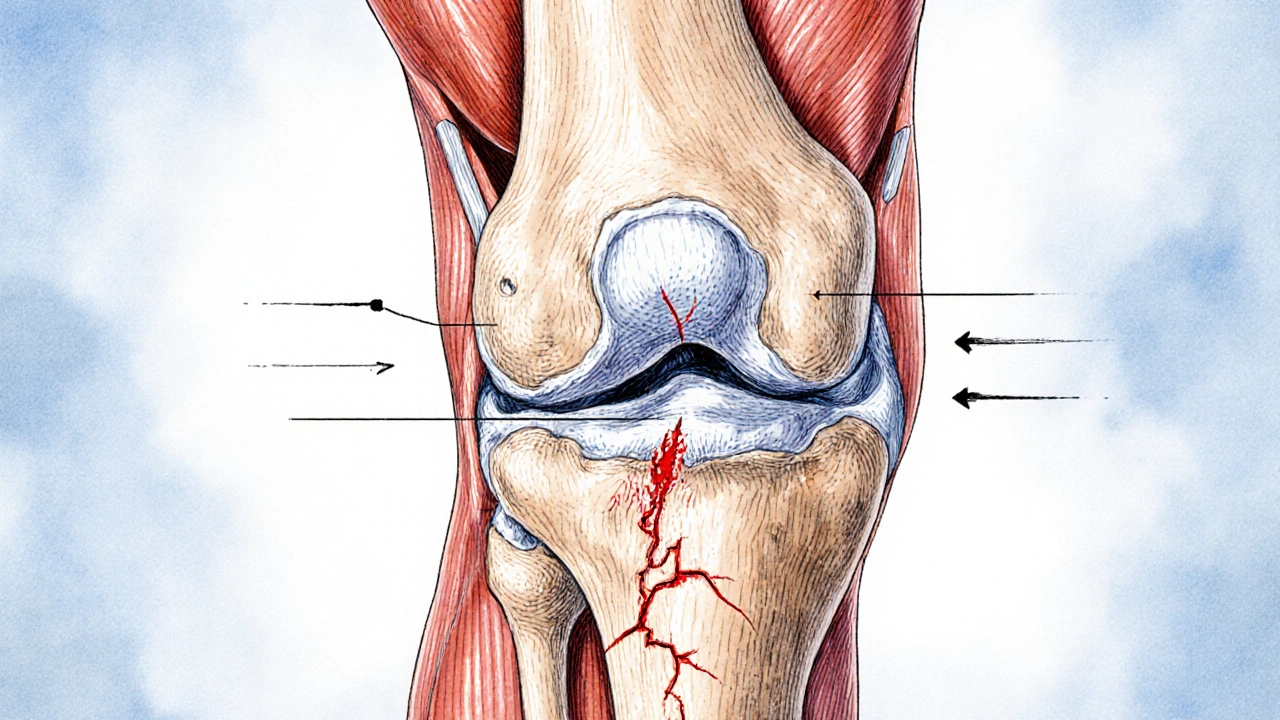 Průřez kolena s mikrotrhlinami v patelární šlachě a označenými svaly.