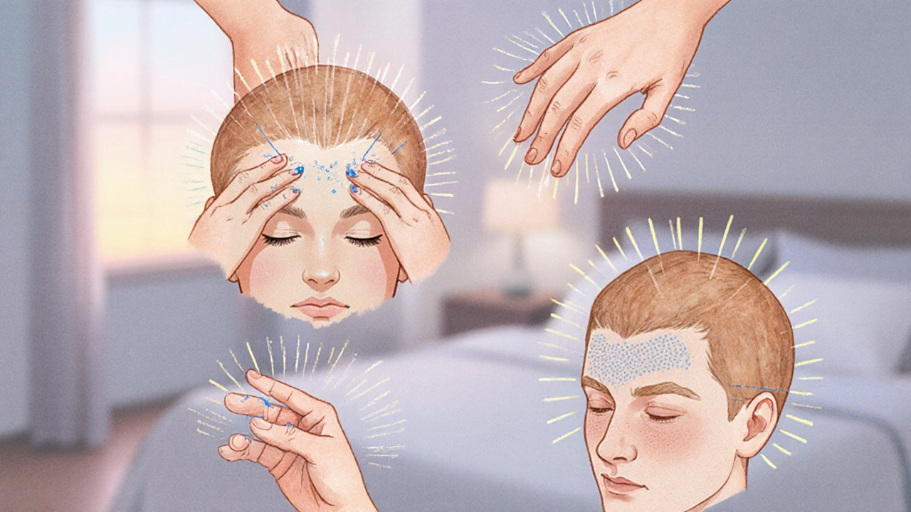 Ruce aplikují tlak na čtyři klíčové body akupresury pro bolest hlavy, jemný vodový styl.