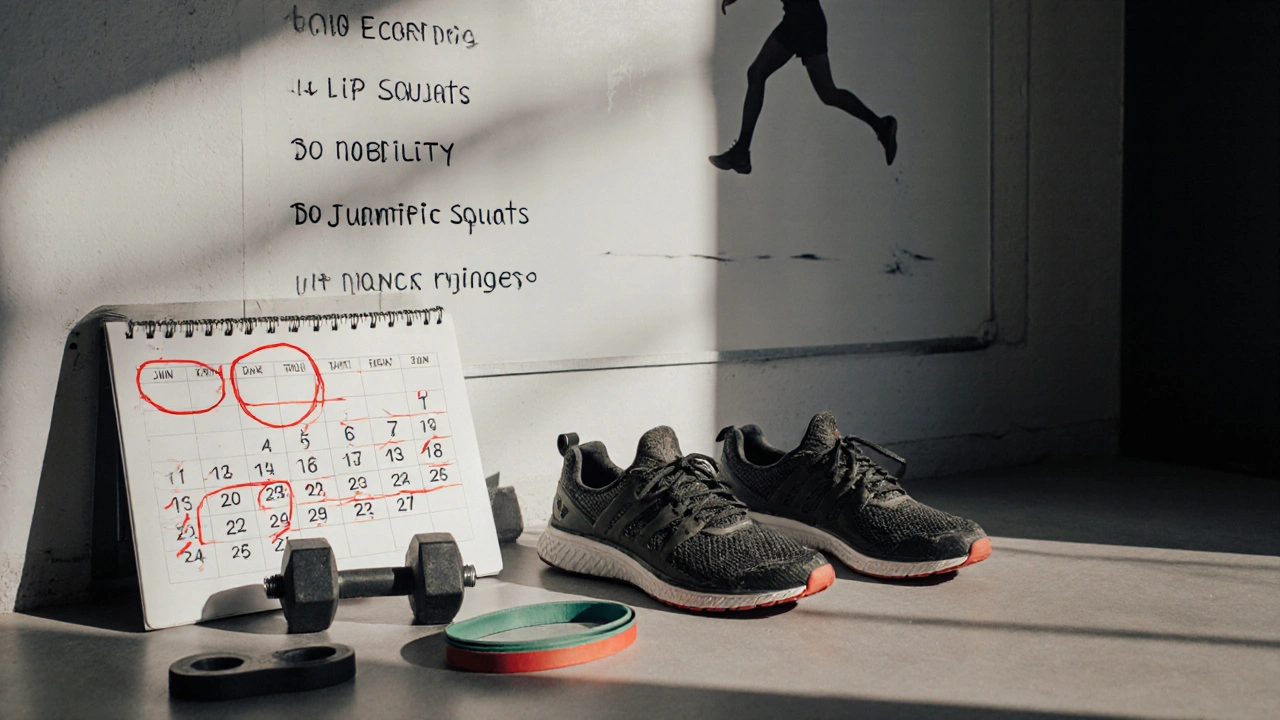 Sportovní obuv a nářadí pro rehabilitaci vedle kalendáře s vyznačenými 6 týdny.