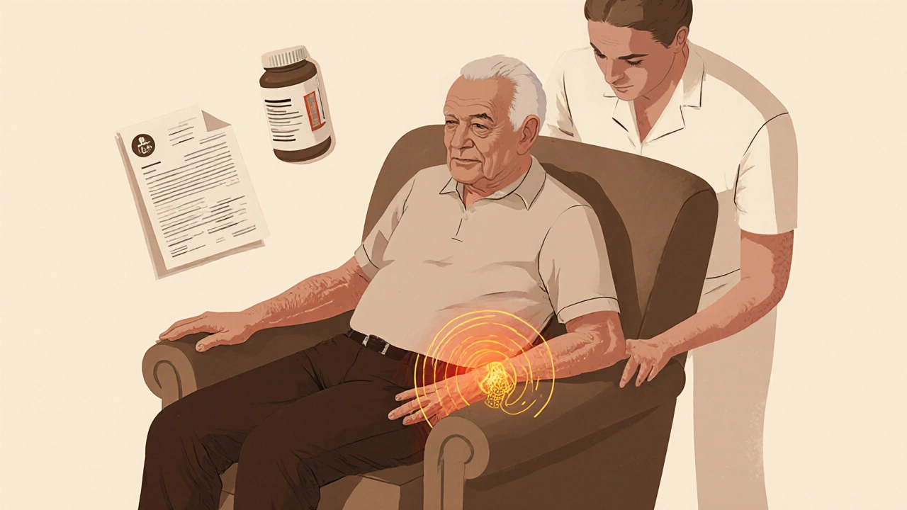 Starý muž dostává terapeutickou masáž zádů, s vizuálními symboly zlepšeného krevního oběhu.