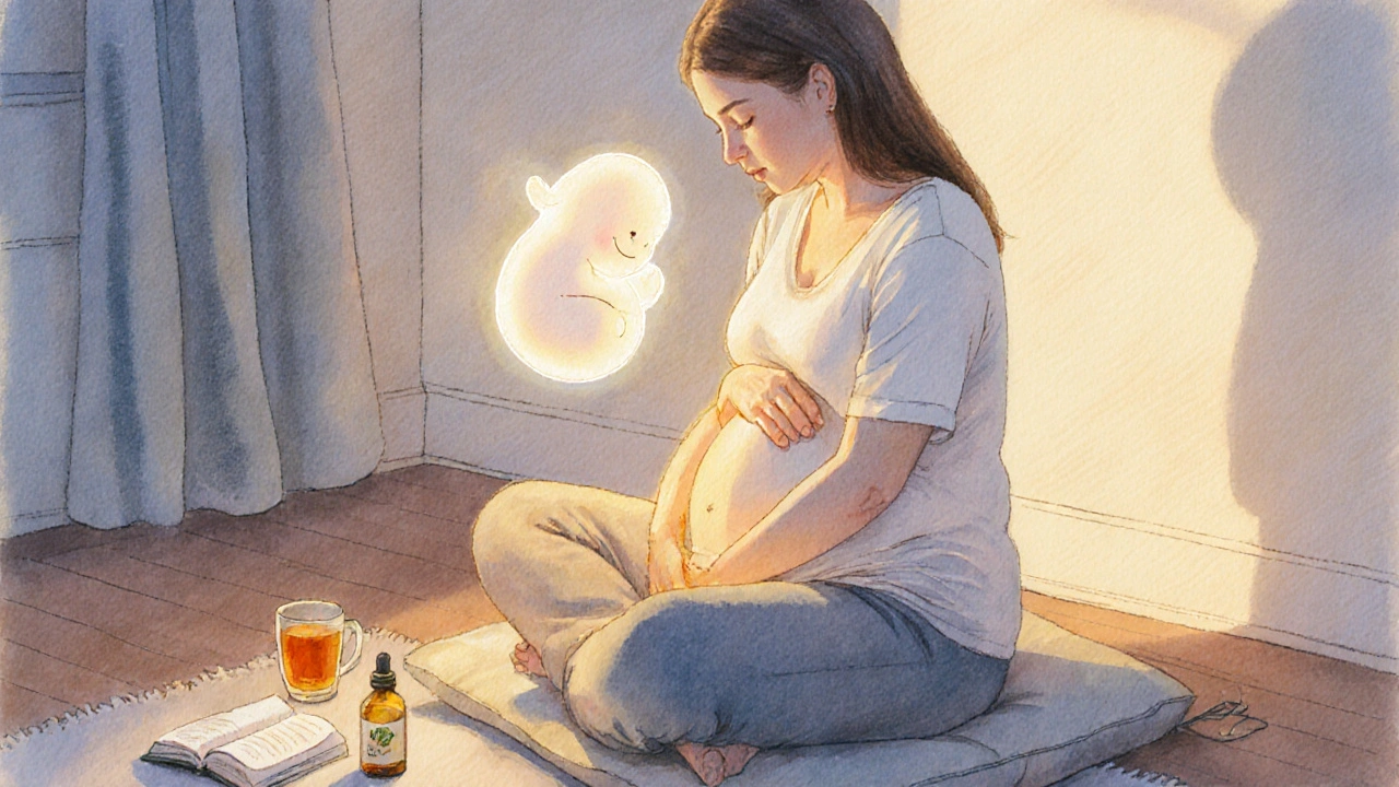 Těhotná žena jemně masíruje břicho večer, v pozadí klidné prostředí bez textu.