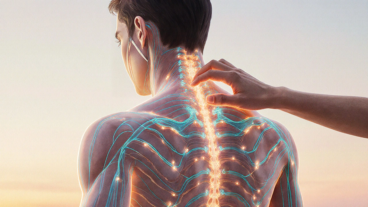 Tělo s vykreslenými světelnými energetickými cestami, které proudí od záda k pažím.