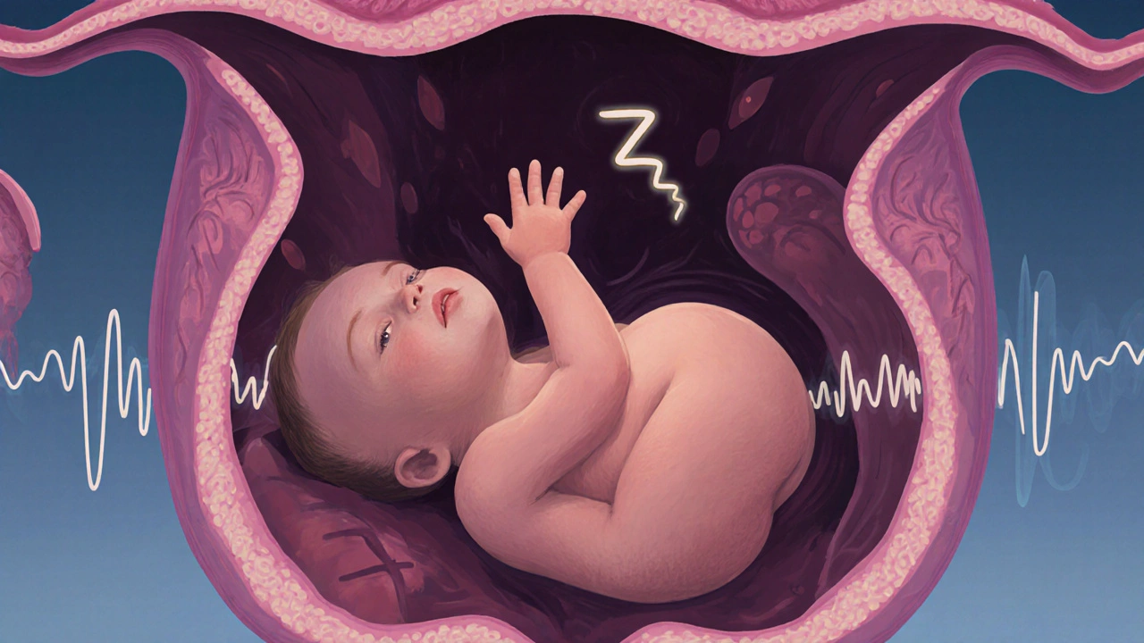 Vnitřní pohled na plod ve vývoji, kdy spí v děloze, s viditelnými mozkovými vlnami a slyšitelnými zvuky.