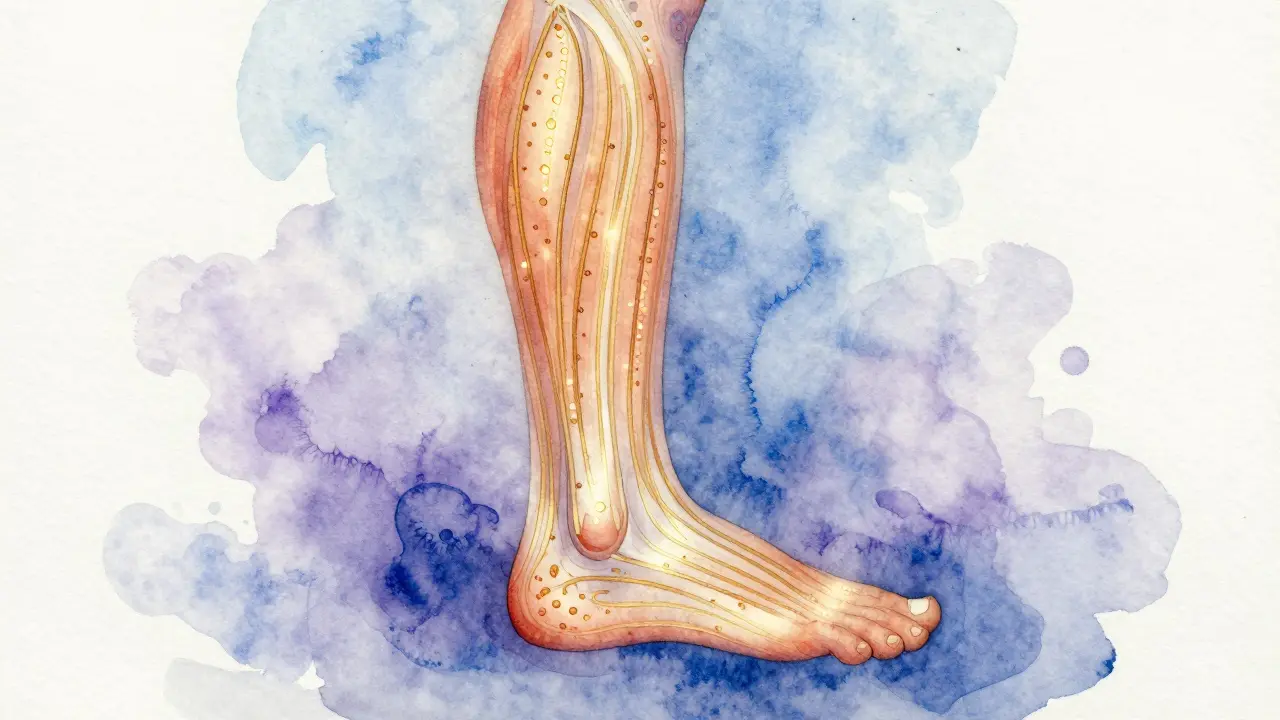 Abstraktní vize lýtkového svalu jako kanálu pro obnovu energie a krevního oběhu.