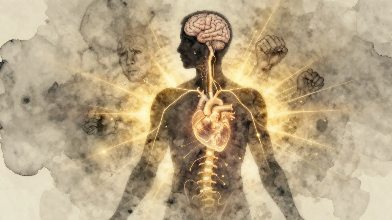 Abstraktní znázornění těla s propojenými energetickými cestami mezi tělem, myslí a emocemi.