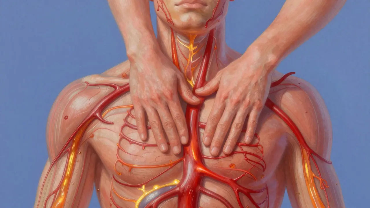 Abstraktní znázornění zlepšeného krevního oběhu pod vlivem ájurvédské masáže.