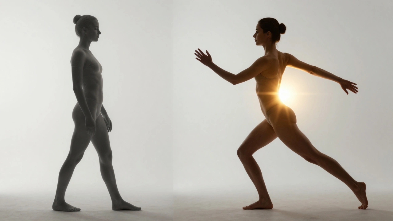 Dvě verze postavy: jedna zatuhlá, druhá volně se pohybující, symbolizující zlepšení pohyblivosti.