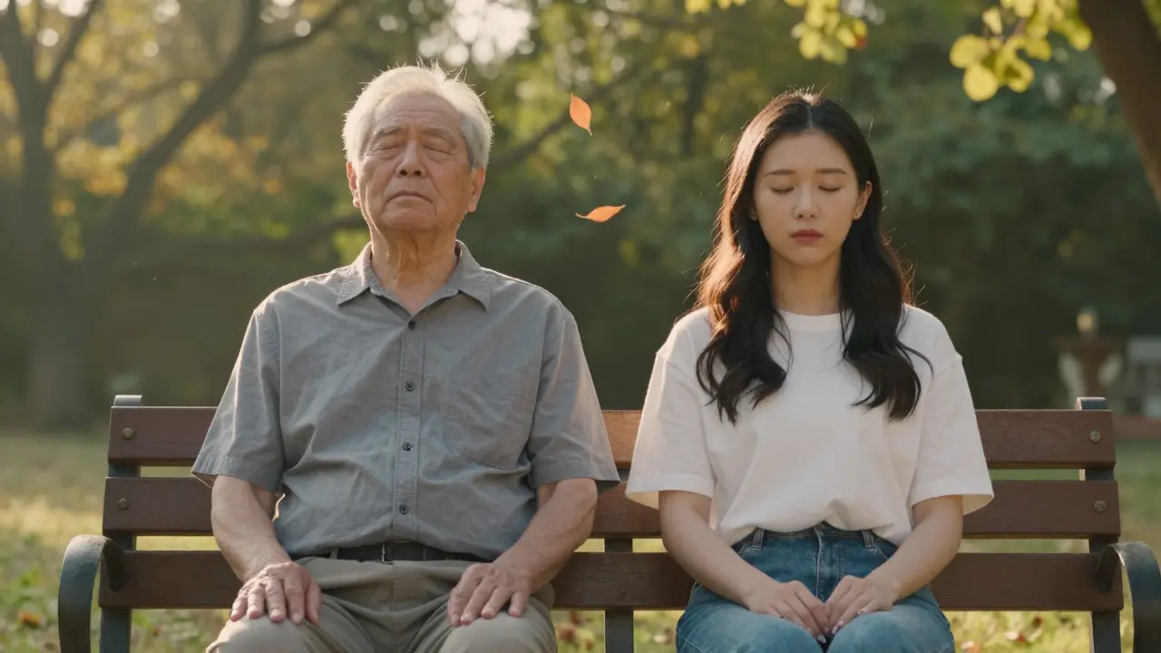 Muž a žena sedí v klidné zahradě, oba v klidu, symbolizují mír a sebepéči bez ohledu na věk.