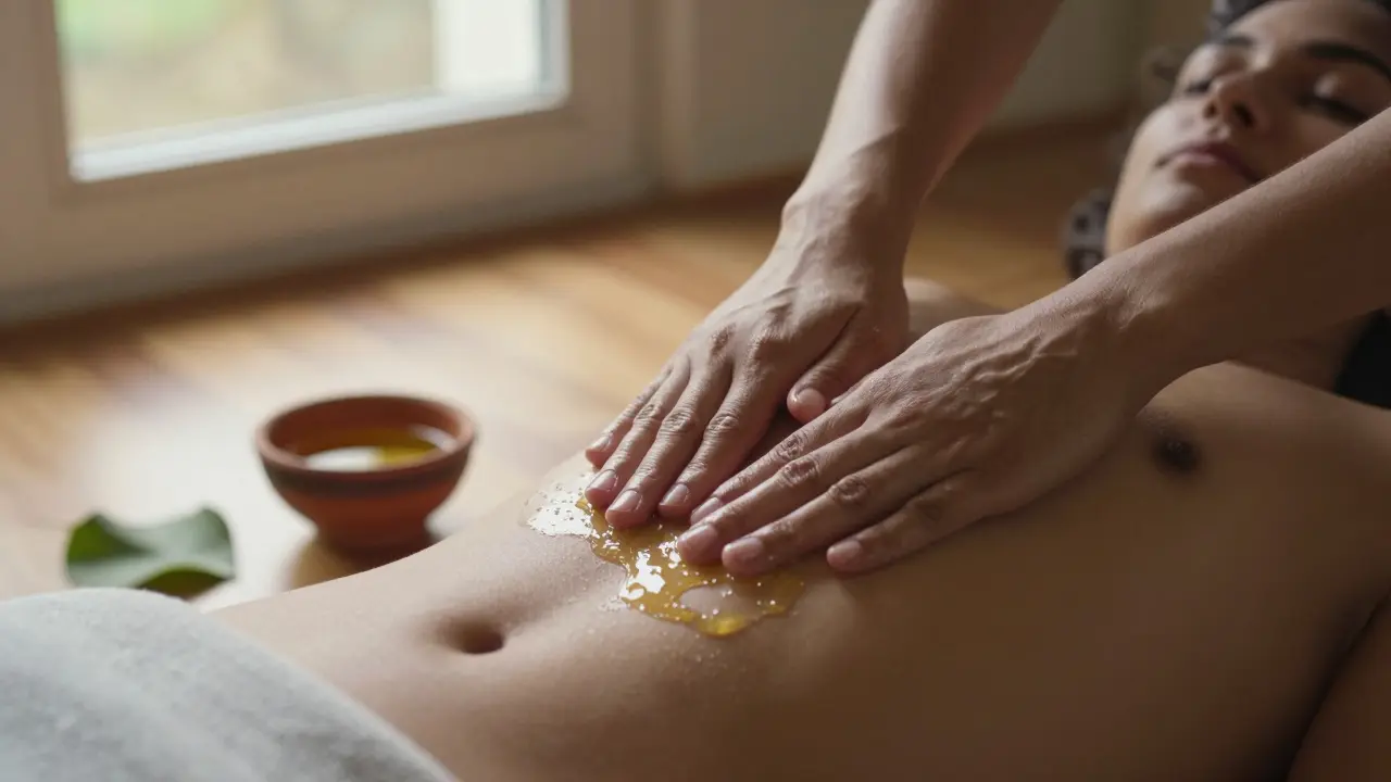 Osoba si sama masíruje břicho teplým olejem za svítání v klidné atmosféře.