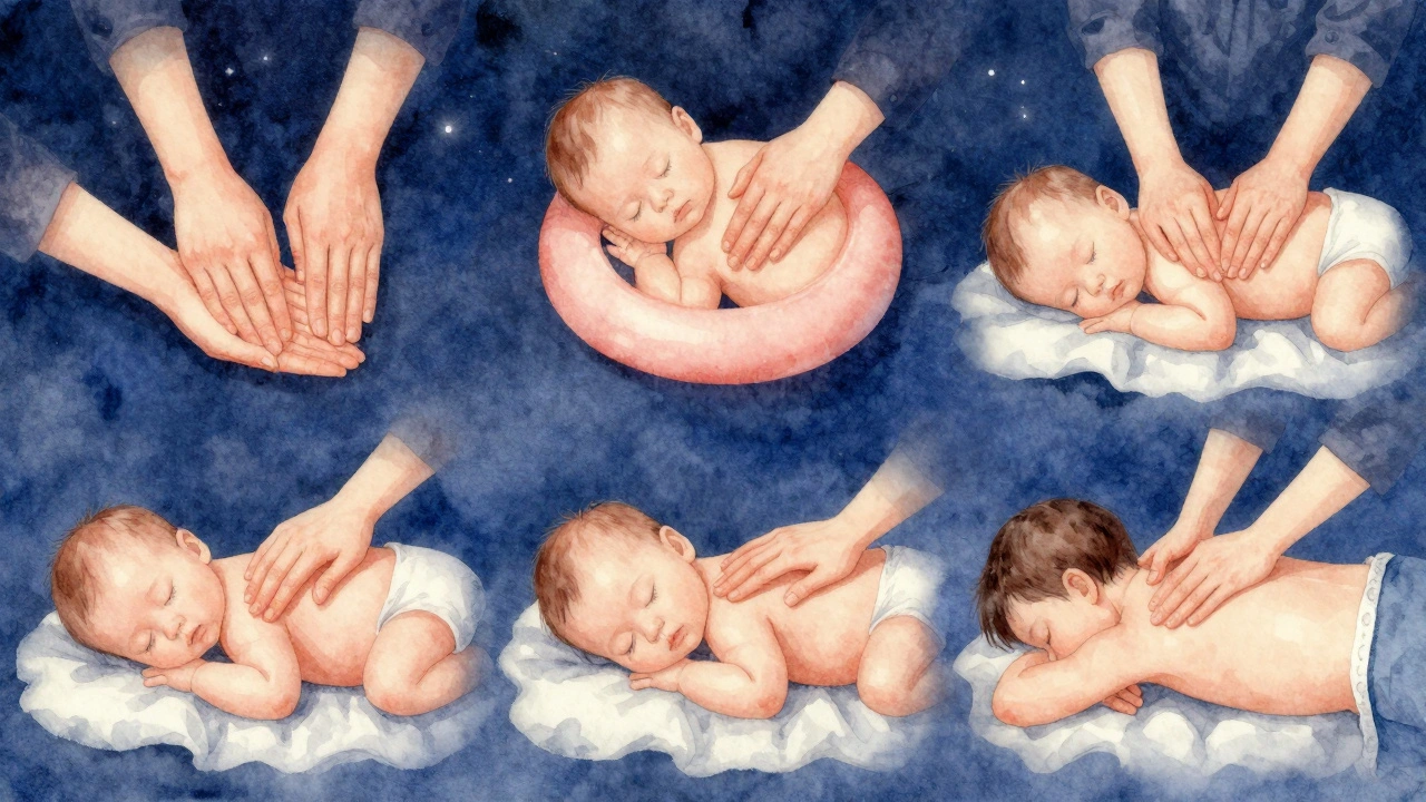 Pět kroků masáže kojence: nohy, bříško, prsa, ruce a záda.