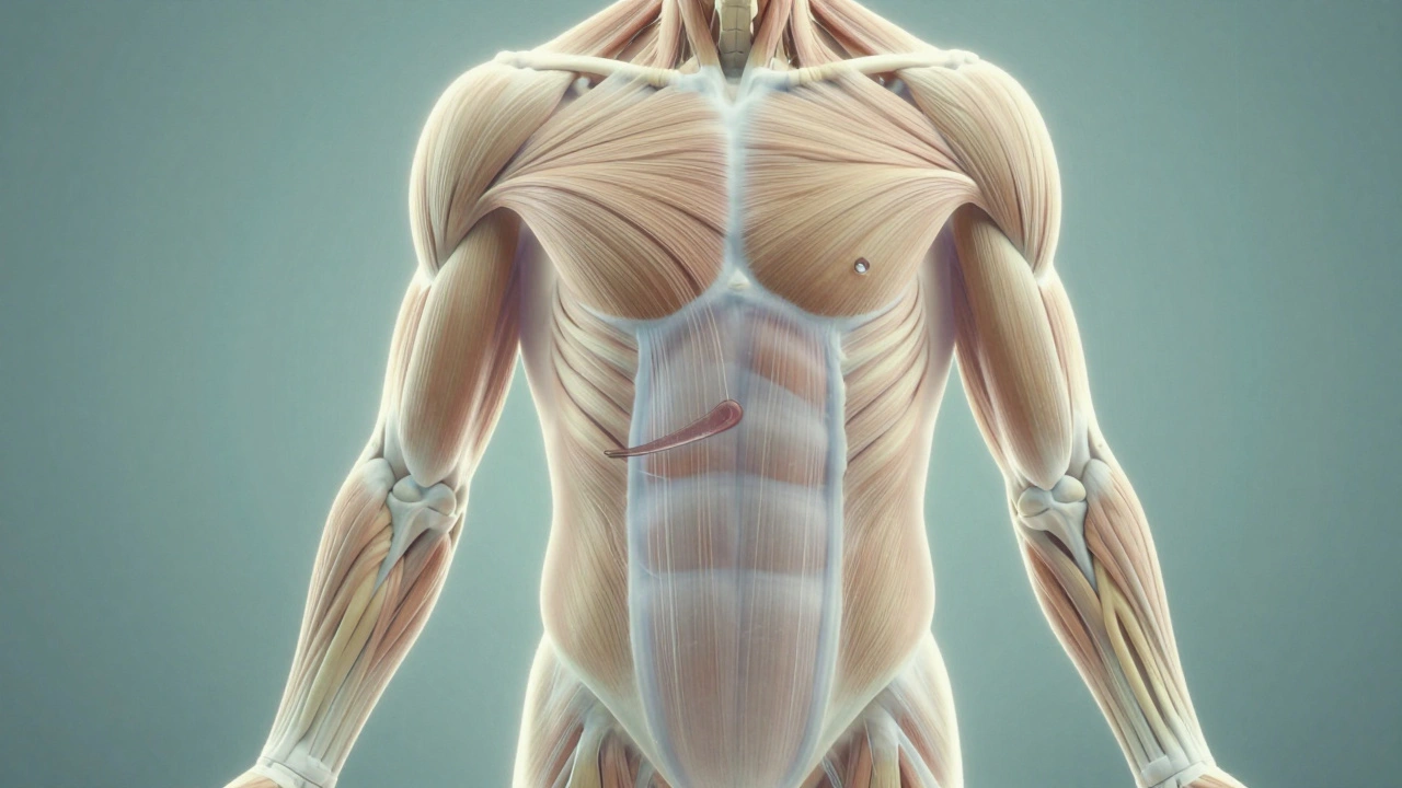 Průřez tělem ukazující uvolňující se fascii jako jemné nitě s proudy krve.