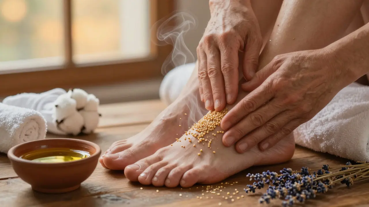 Ruce aplikují teplý olej na nohy, symbolizující obnovu krevního oběhu a klid.