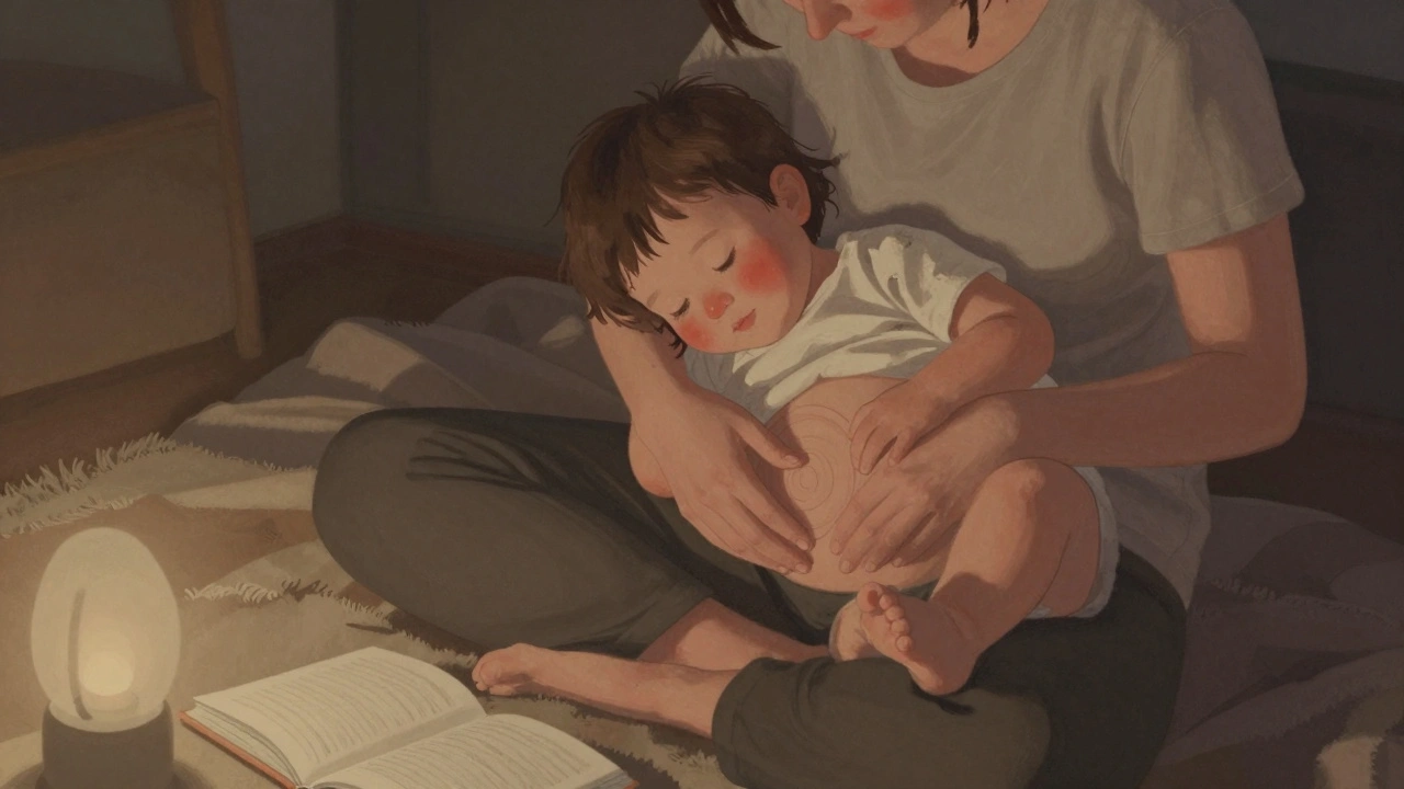 Tříleté dítě sedí na klíně rodiče, který mu jemně masíruje bříško.