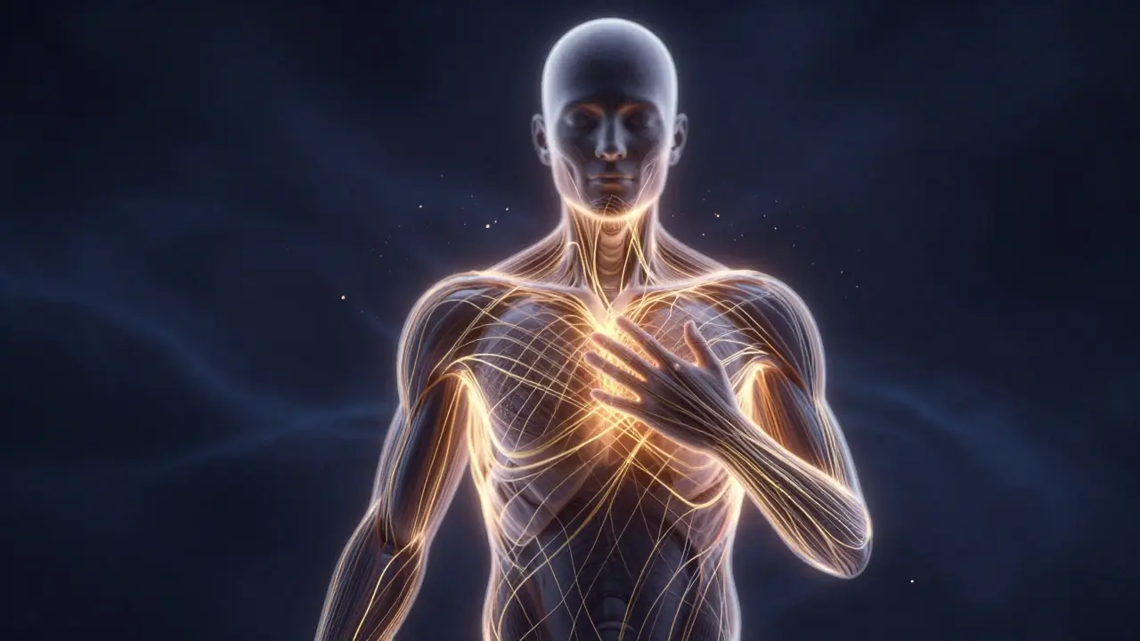 Abstraktní znázornění uvolňování fascie v těle zlatými vlákny.