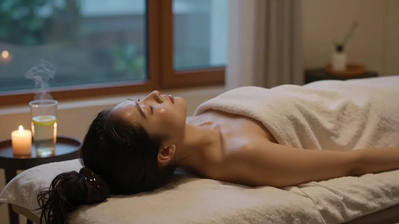 Člověk spí po Ayurvédské masáži, olej září na kůži, svíčka a šálek citronové vody vedle.