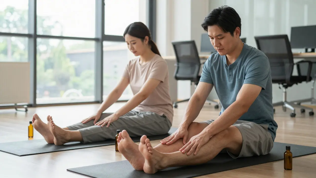 Dva lidé v moderním kancelářském prostředí v Brně dělají krátkou lymfatickou masáž nohou během pracovní přestávky.