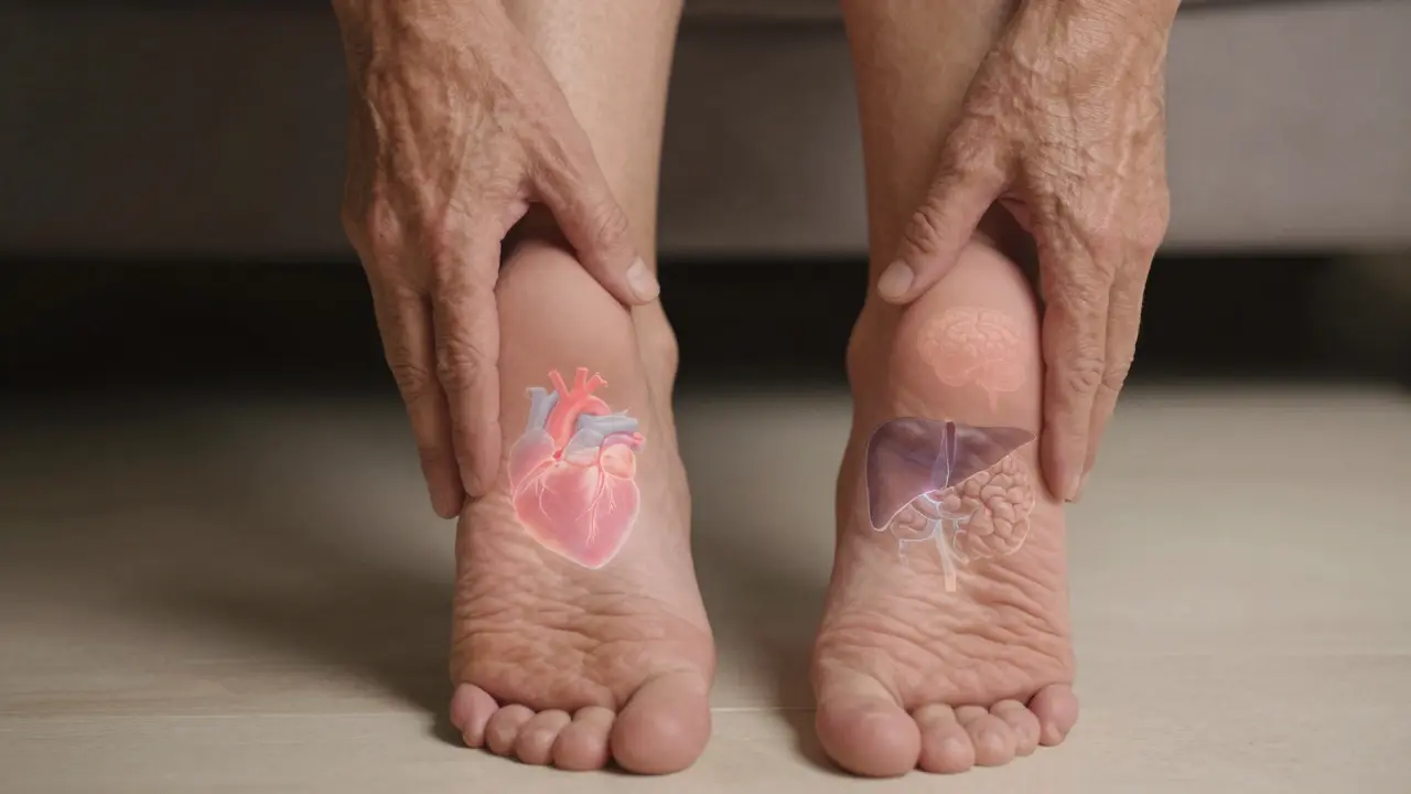 Dvě ruce masírují chodidla, s přehledem vnitřních orgánů na chodidlech.