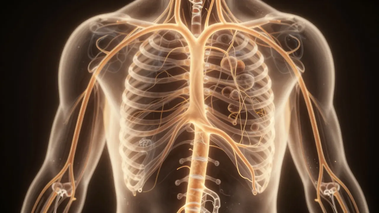 Glowing schematic of lymphatic flow in human body, with golden fluid moving toward lymph nodes in armpits, neck and groin.