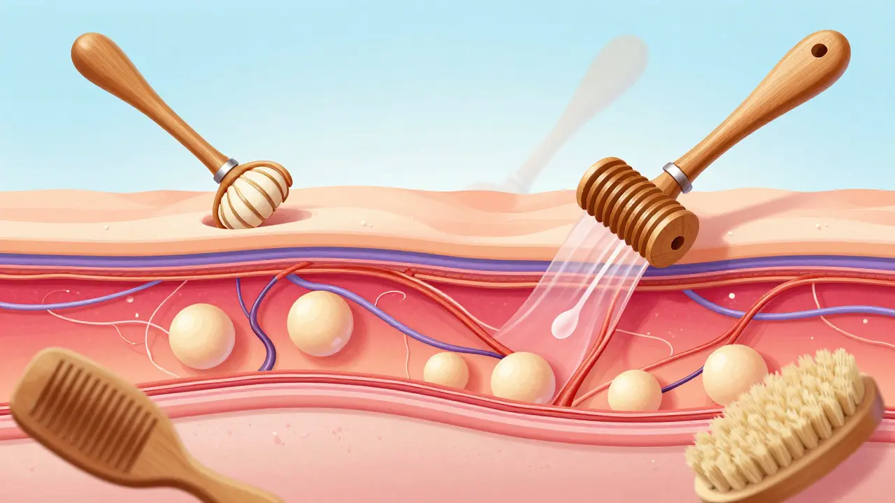 Ilustrace vnitřních tkání s ukázkou, jak dřevěné nástroje rozkládají tukové buňky a stimulují lymfu.