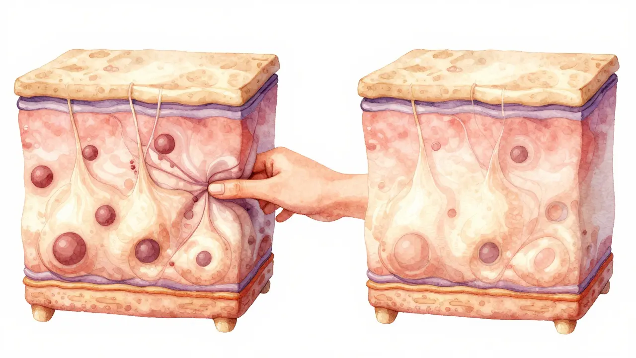 Konceptuální znázornění změny struktury kůže od celulitidy ke hladkému povrchu.