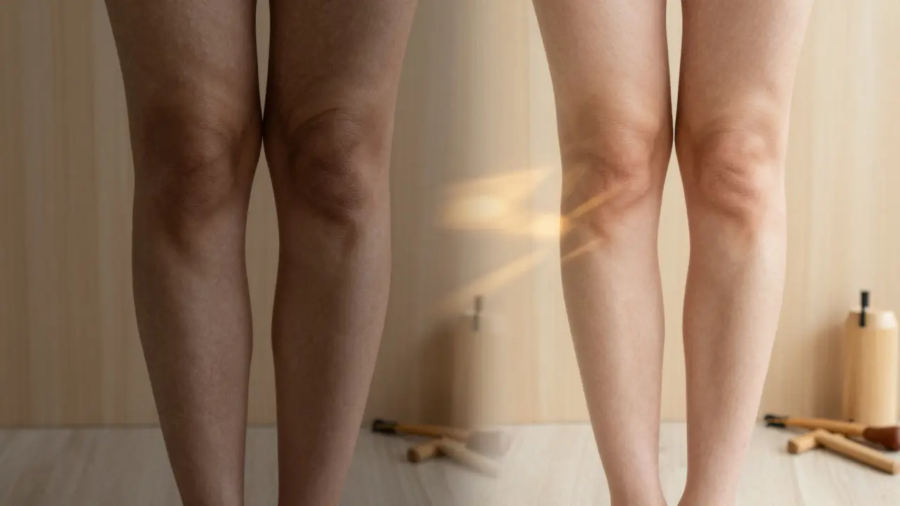 Kontrast před a po maderoterapii na stehně: hrubá pokožka vs. hladká, zjemněná kůže.