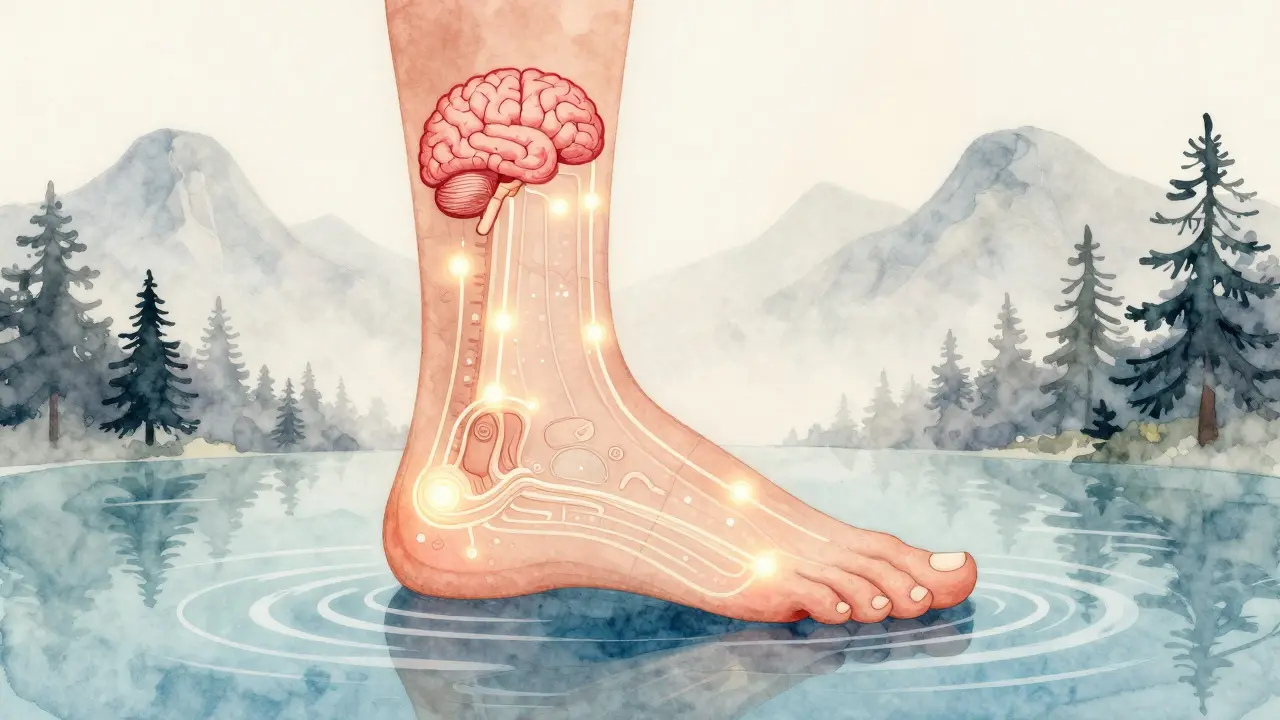 Kreslená mapa nohy s vyznačenými body odpovídajícími vnitřním orgánům.