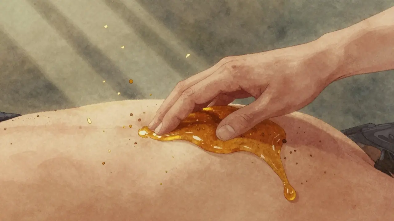 Ruka odtrhává med od kůže, kde jsou vidět odstraněné nečistoty.