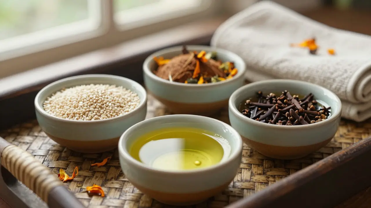 Tři nádoby s různými Ayurvédskými oleji na bambusovém podnosu s sušenými bylinkami.