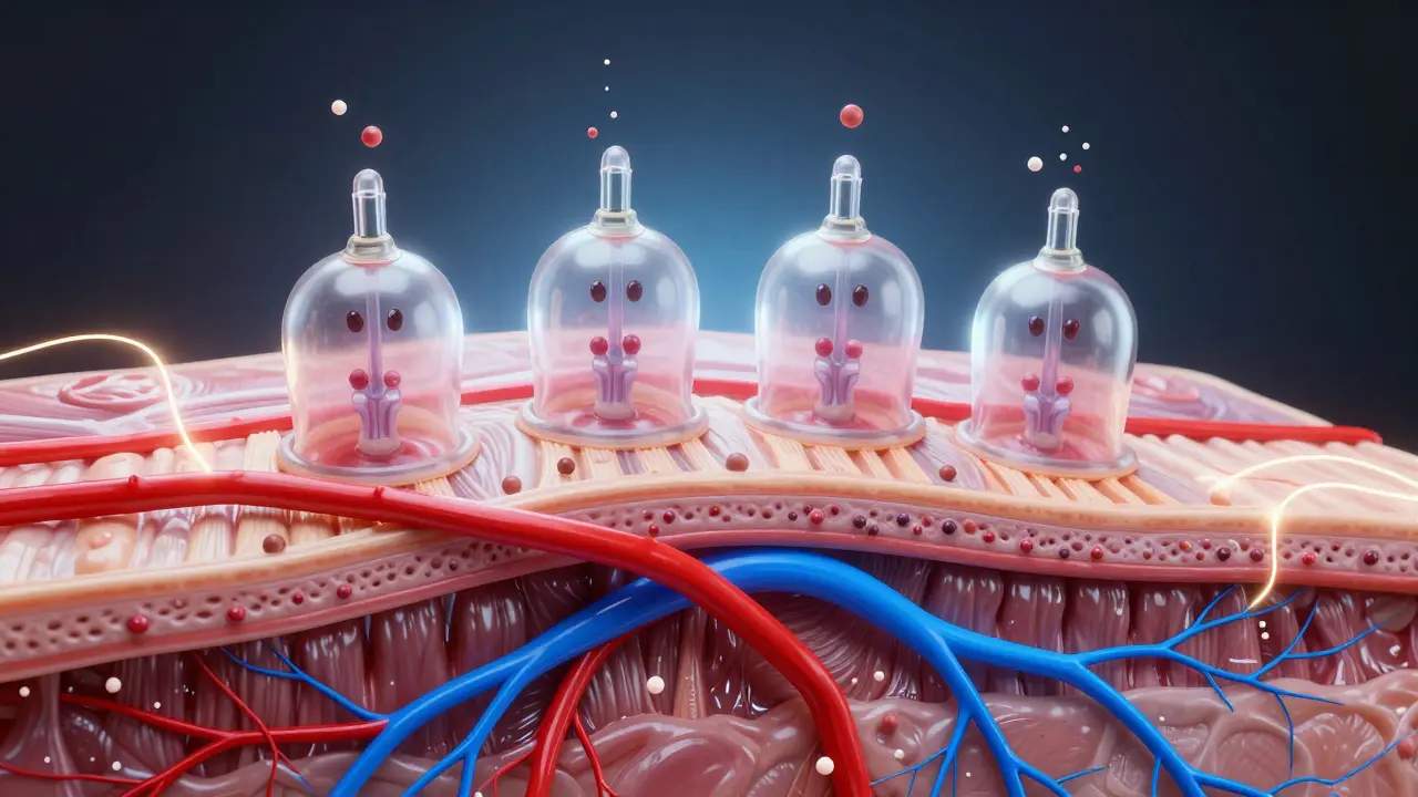 Vizualizace vnitřních účinků vakuoterapie: zvýšený krevní oběh a odtok lymfy v tkáních.