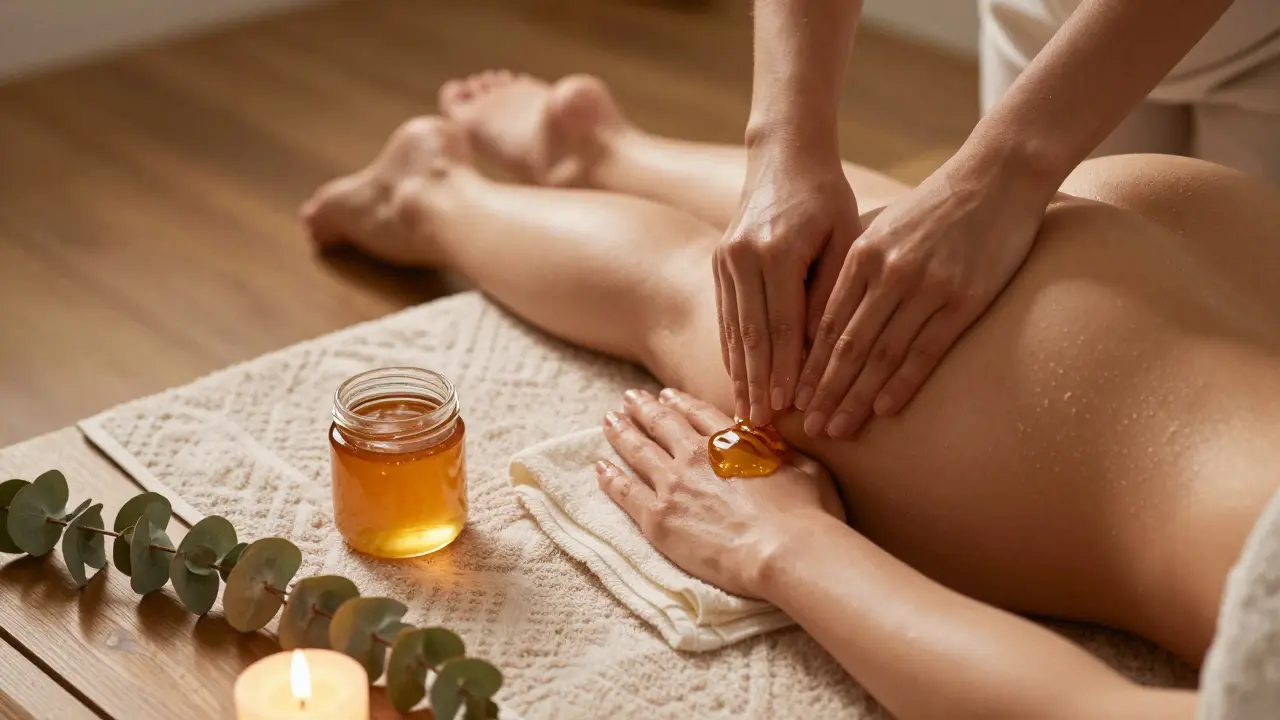 Žena po medové masáži, s leskou kůží a přirozenými prvky kolem.