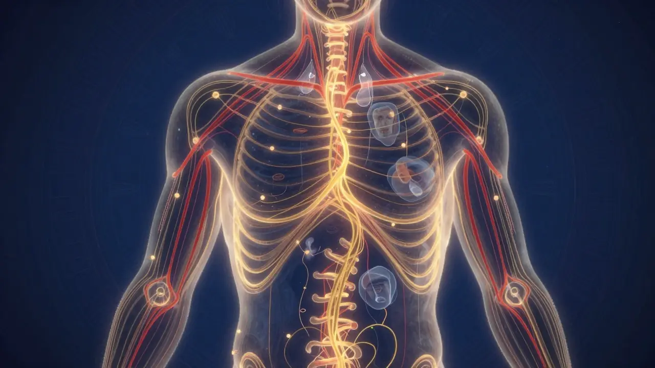 Abstraktní obrázek lidského těla jako sítě energie, kde napětí a plynulý tok světla vystupují z oblastí krku a hrudníku.