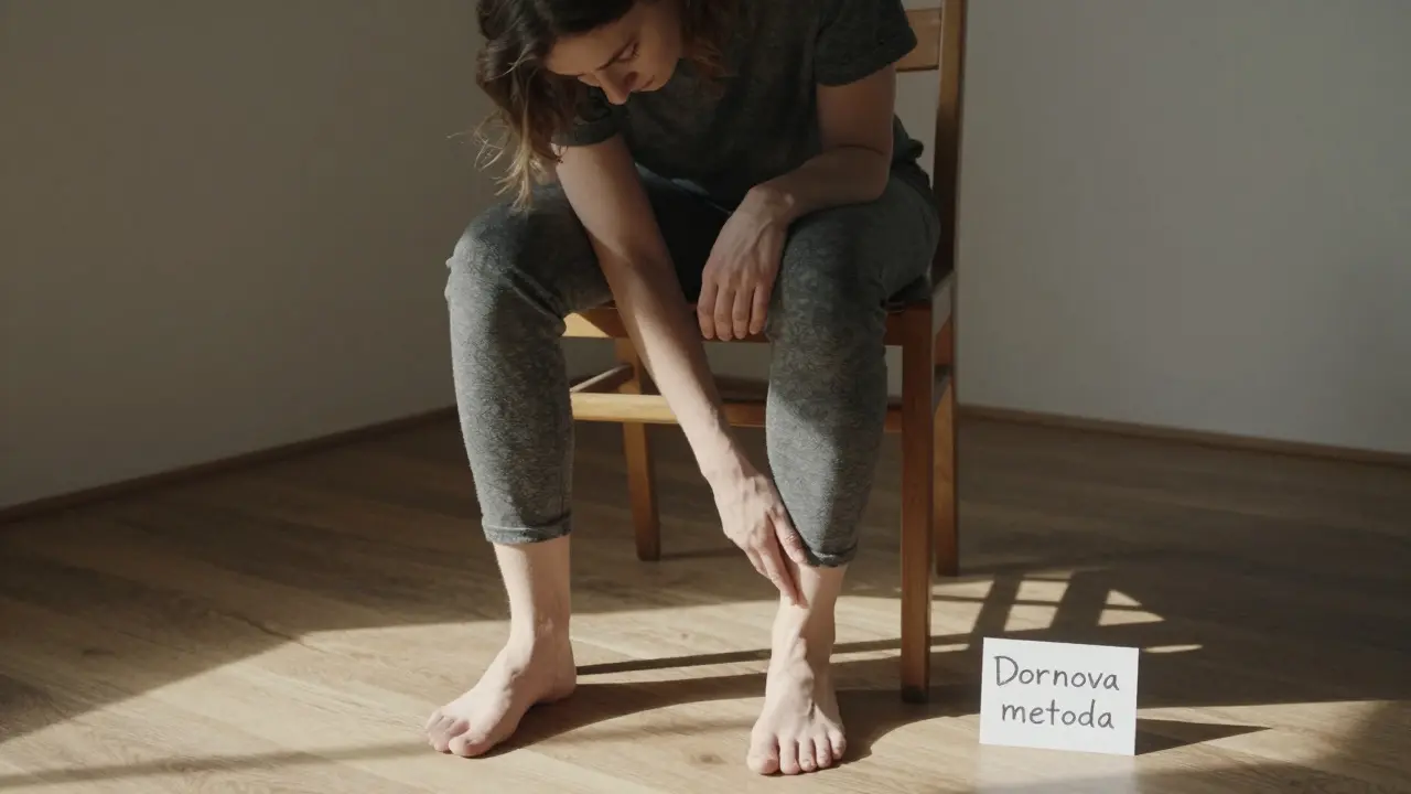 Člověk provádí jednoduché Dornovo cvičení doma, sedí na židli s jednou nohou na kolenu a mírně se naklání dopředu.