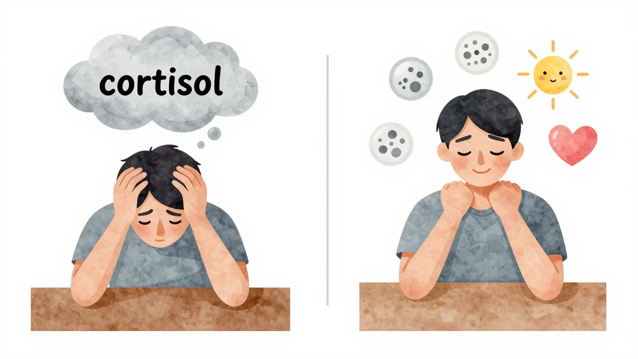 Dvě části: stresovaná osoba vs. osoba po masáži s symboly imunity a klidu