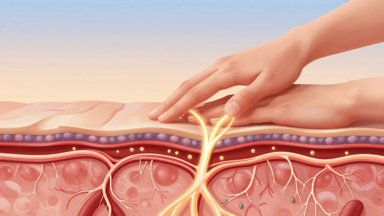 Křížový řez kůže s krvními cévami a lymfou, které proudí pod tlakem masážních technik.