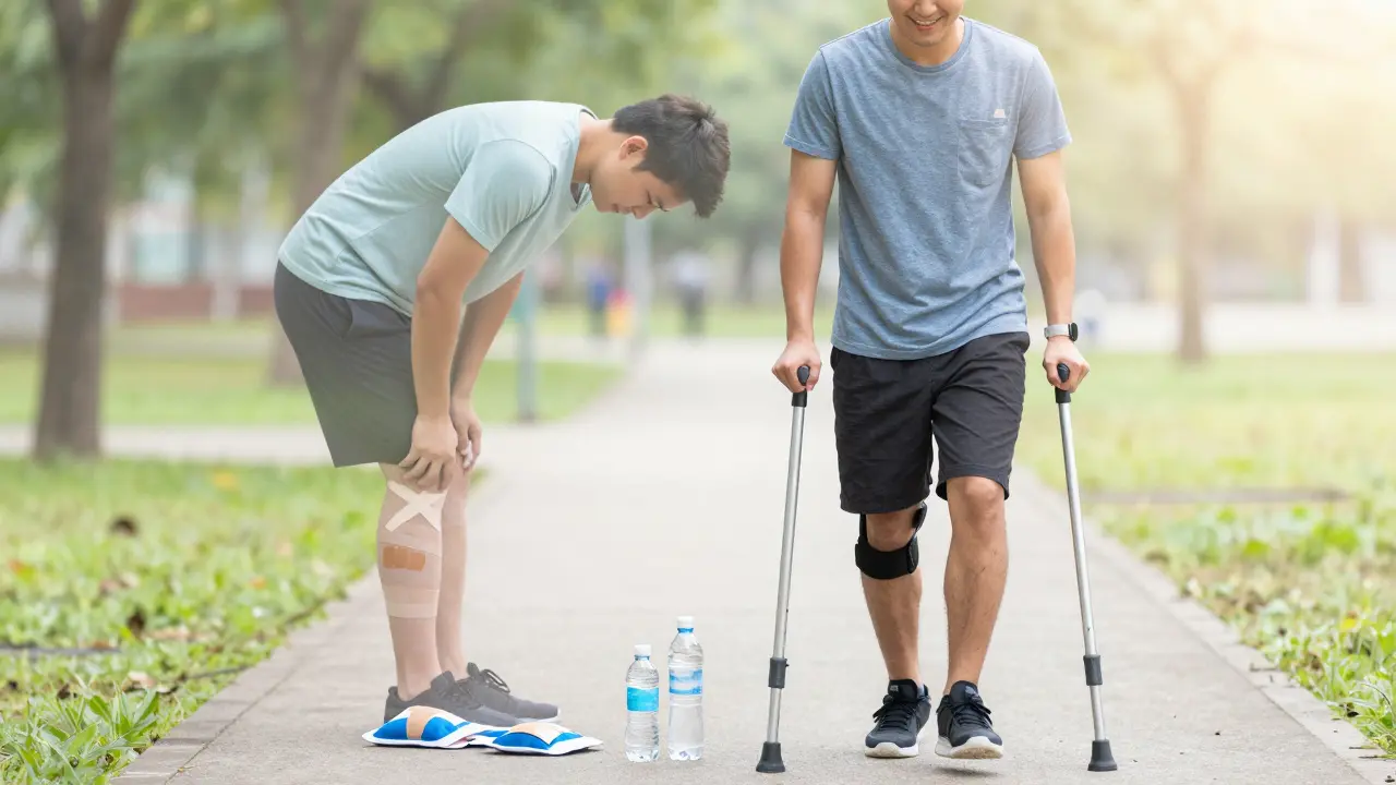 Pacient chodí bez holek po úspěšné rehabilitaci, symbolicky překonávající předchozí bolest a omezení pohybu.